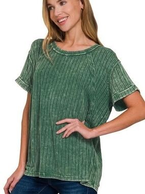 Relaxed Ribbed Short Sleeve Top - Green
